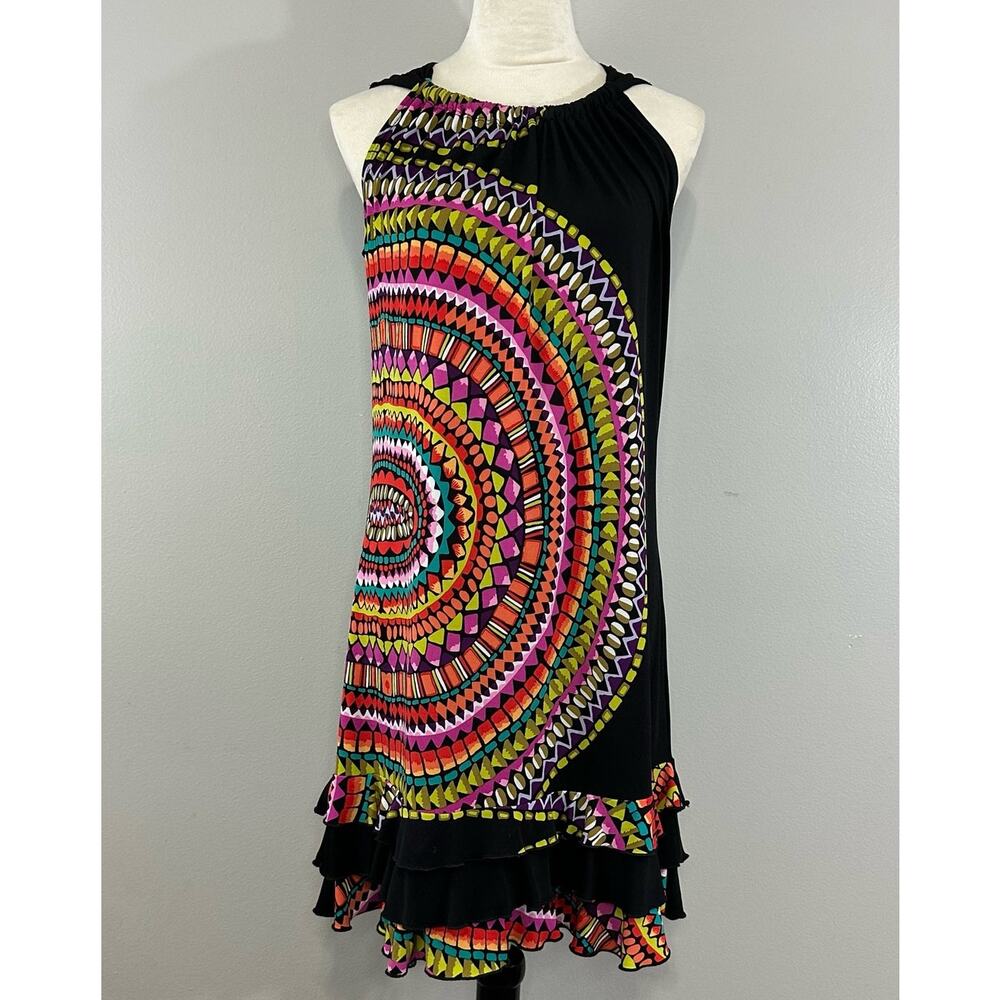 Tiana B Black Colorful Mosaic Sunset Print Ruffle Hem Sleeveless Dress Sz S